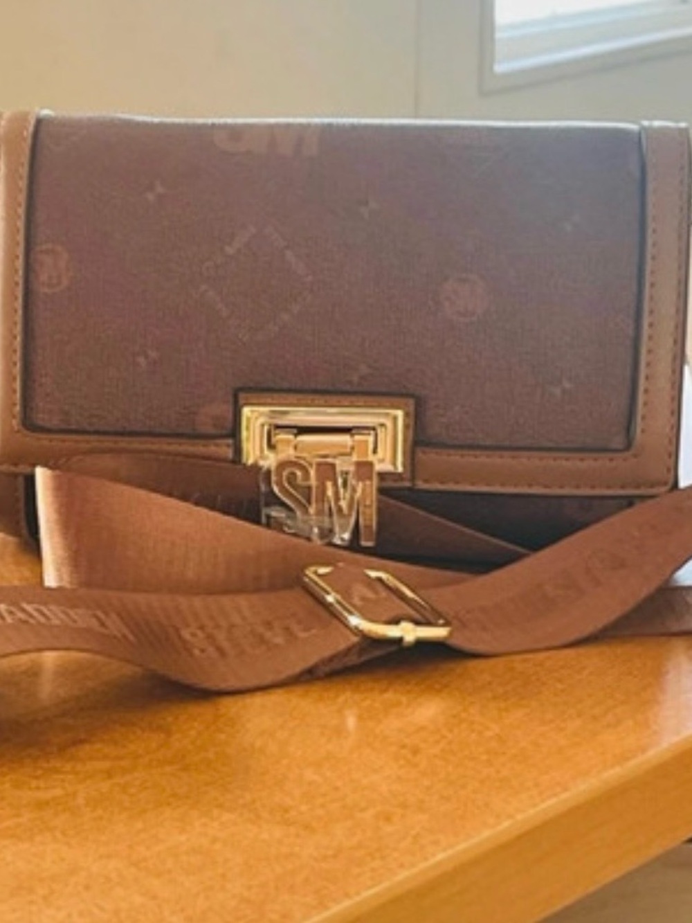Steve Madden Brown Monogram Crossbody with Gold SM Accent